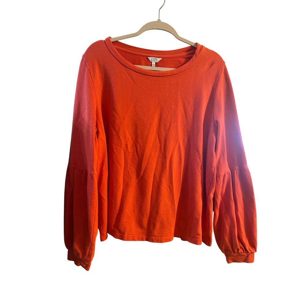 Crown & Ivy Women XL Orange Puff Sleeve French Terry Sweatshirt Cotton Crew Neck